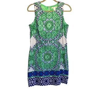Geometric Medallion Sheath Dress Womens 10 Green Blue Sleeveless retro whimsical